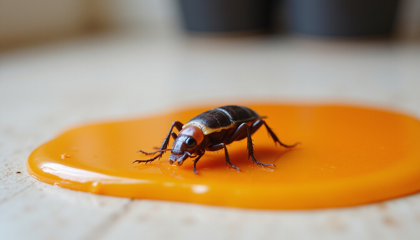  close-up of cockroach trapped in sticky glue, blurred home background, pest-free zone concept