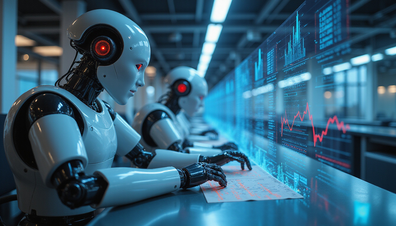  sleek robotic arms performing repetitive tasks, modern business environment with holographic charts and graphs