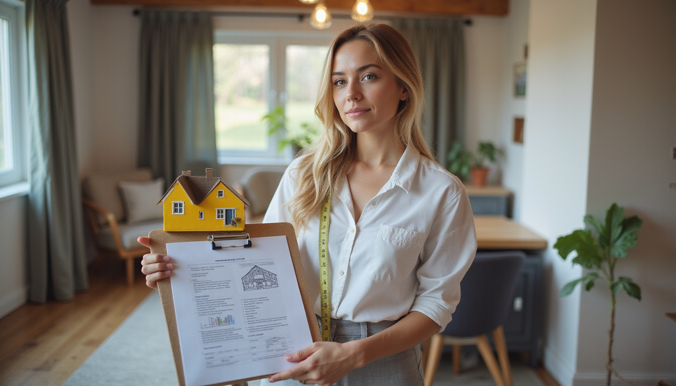  Professional appraiser measuring house, clipboard, detailed property data, cozy interior background