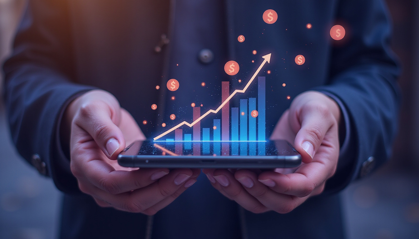  Hands holding smartphone displaying rising crypto graphs, symbols of passive income and staking rewards