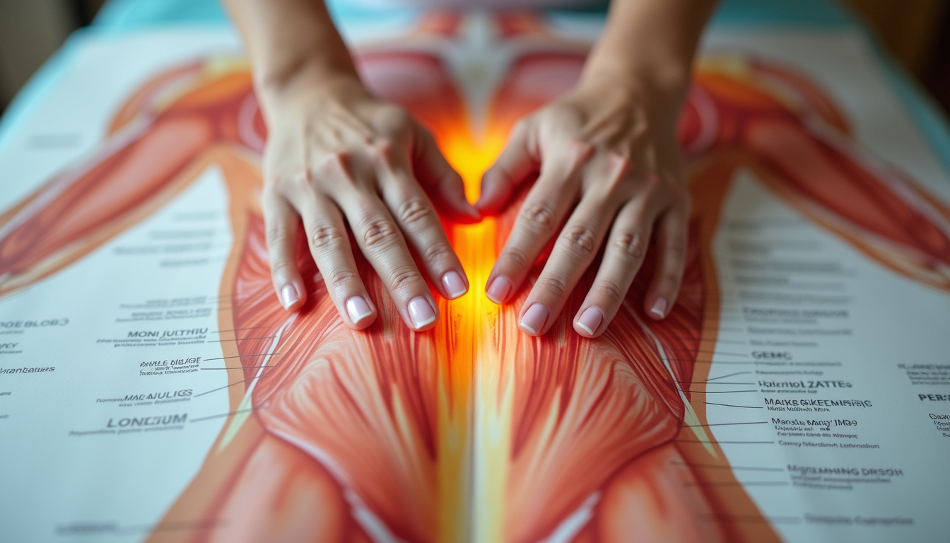  Close-up of hands performing deep tissue massage on piriformis muscle, vibrant anatomy chart background