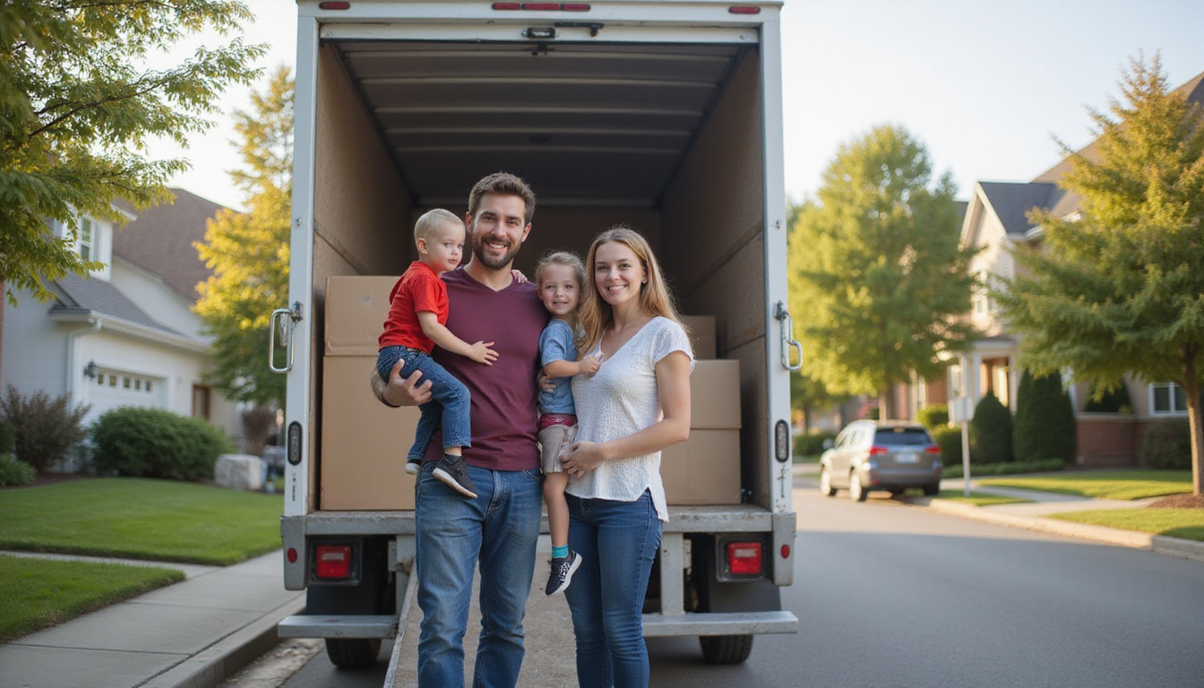 calm family unloading moving truck with smiles in peaceful neighborhood street