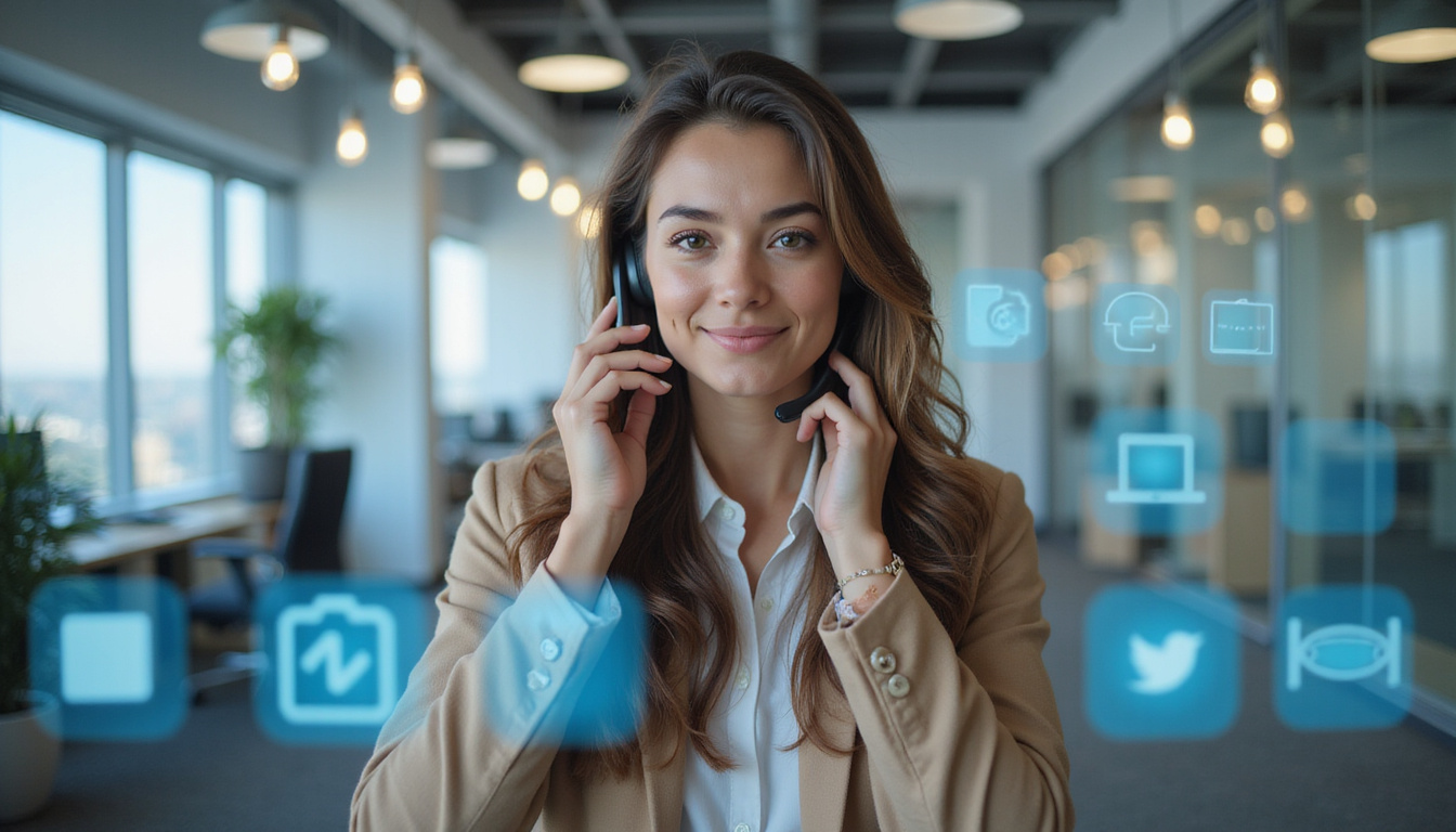 Friendly customer service representative managing calls efficiently, bright office background, digital interface icons