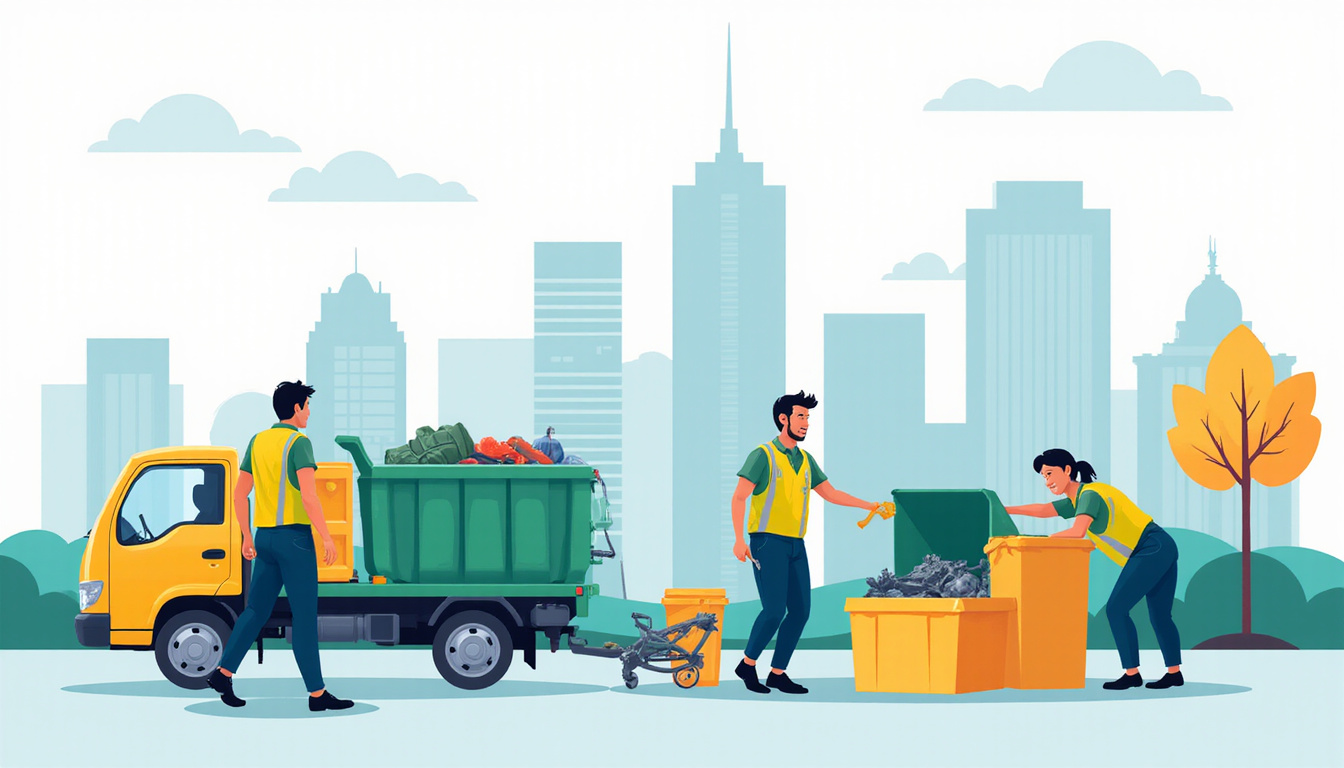  Friendly waste management team loading dumpsters, city skyline in background, efficient cleanup