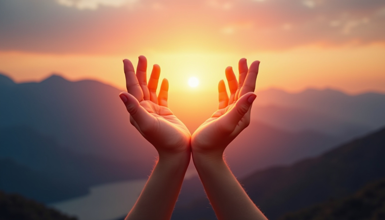  Hands releasing luminescent energy into the sky during sunrise over tranquil mountains