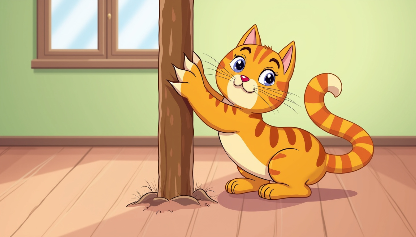 curious tabby cat with sharp claws scratching a wooden post indoors 