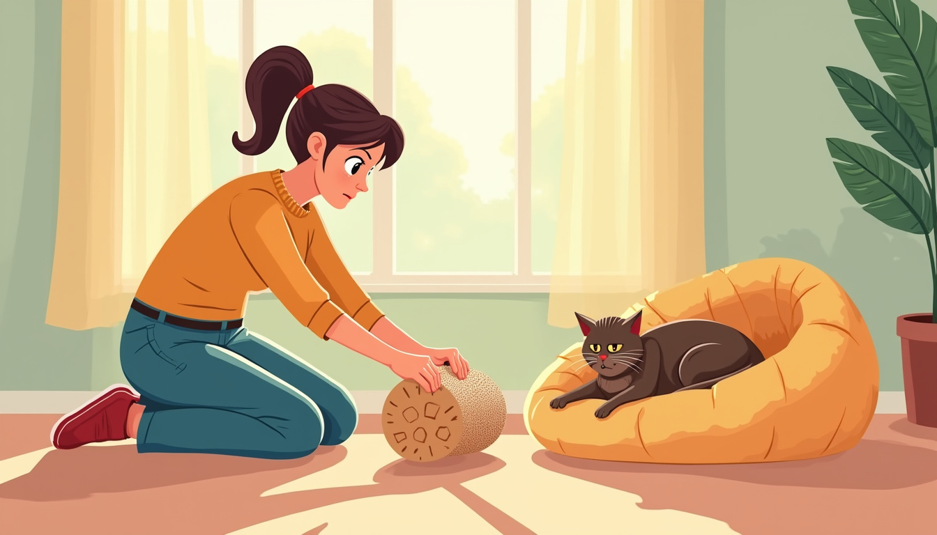  frustrated owner placing a soft scratching pad beside a cozy cat bed in sunlight