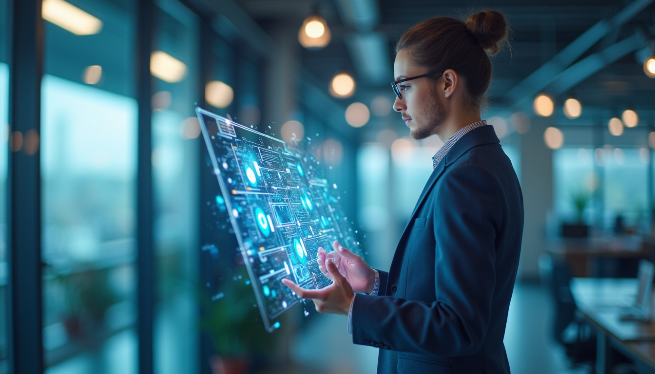  sleek business professional using AI-driven marketing automation tools on transparent digital interface in modern office