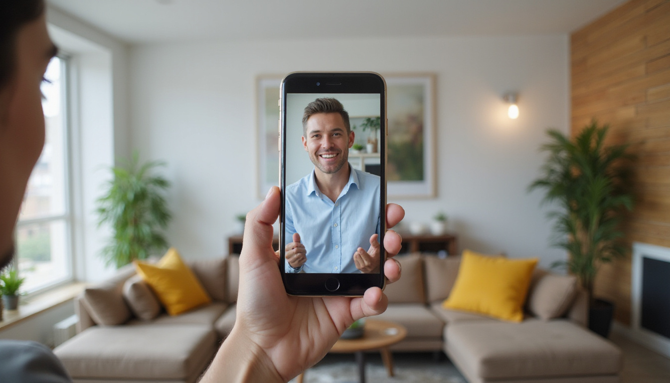  customer happily giving positive review on smartphone, clean modern living room background