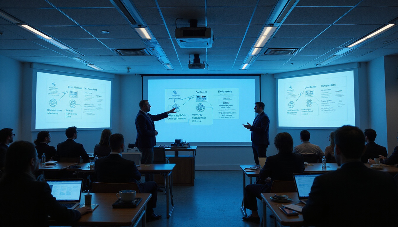  Professional trainer presenting government contract compliance strategies on digital screen, attentive audience