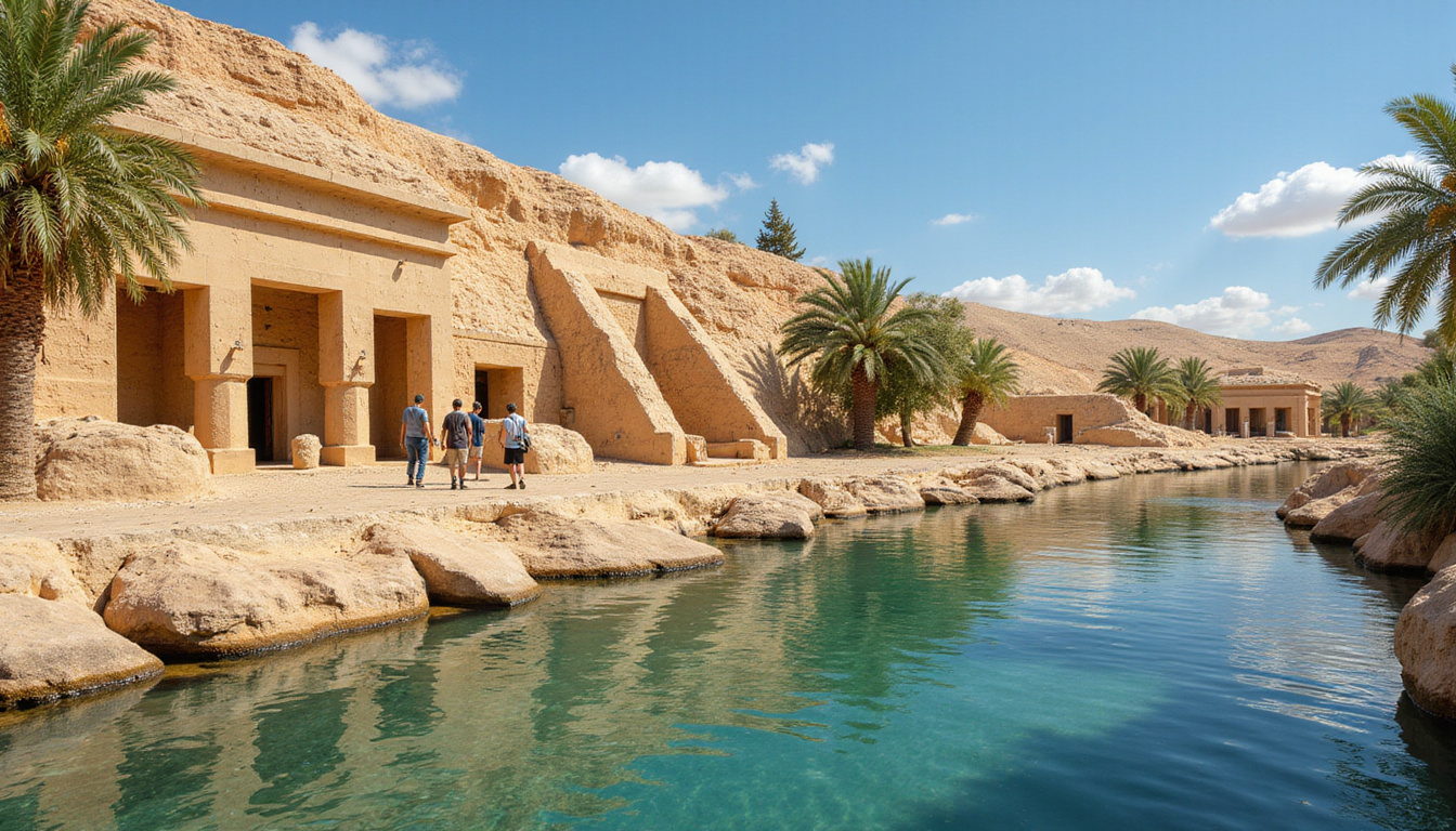  Archaeologists exploring hidden tombs beside the lush Nile waterway under blue skies