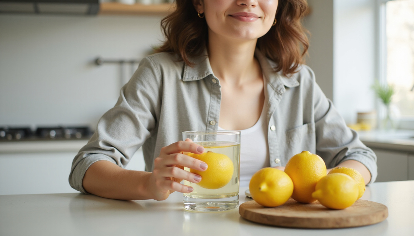 Person drinking water with lemon, feeling satisfied and energized, bright kitchen background