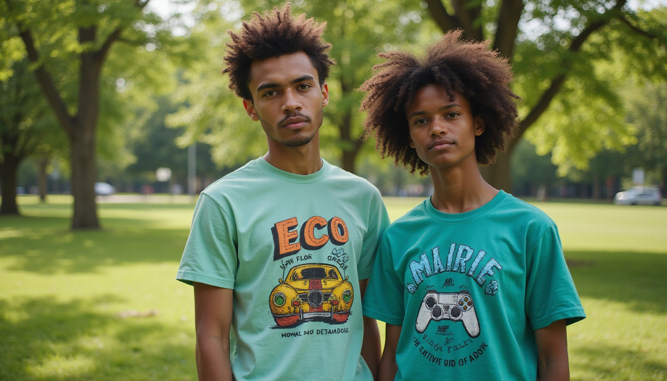  young diverse models wearing biodegradable graphic tees in urban green park, sustainable fashion vibe