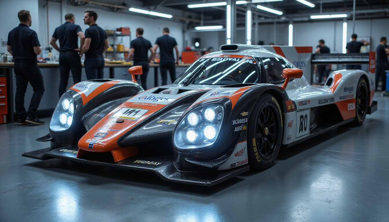 aerodynamic racecar detailed close-up, engineers working on weight optimization, high-tech garage lighting