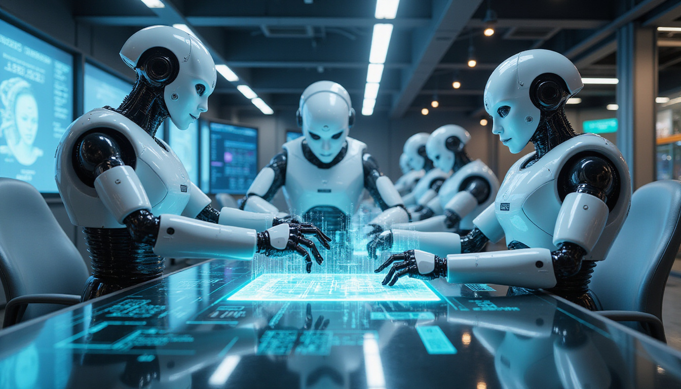 Autonomous AI robots collaborating dynamically within a high-tech control room filled with holographic interfaces