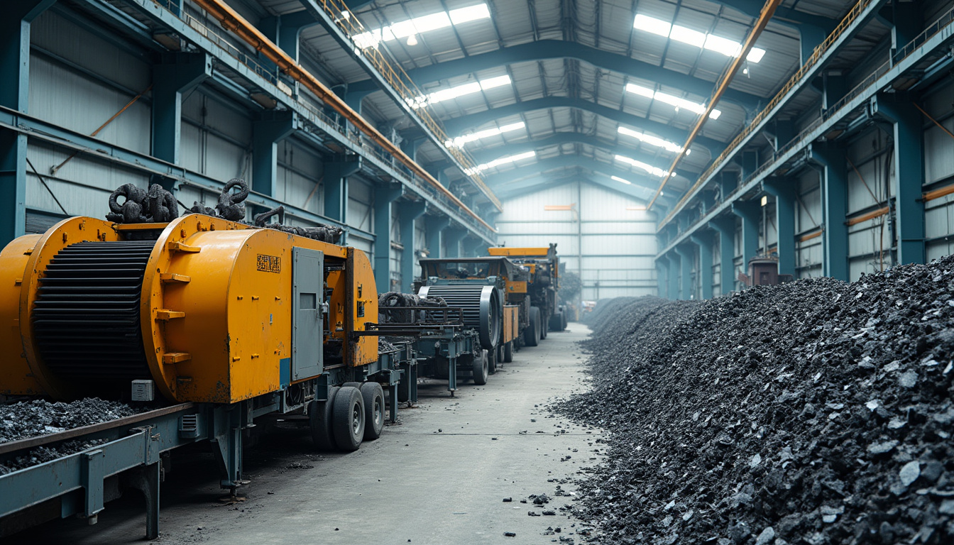 eco-friendly recycling plant with conveyor belts, piles of scrap iron being processed efficiently