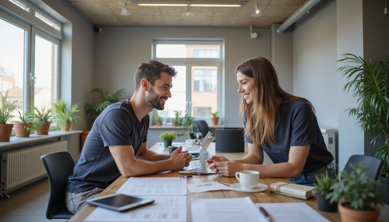 satisfied business owners discussing growth, seamless communication tools on desk