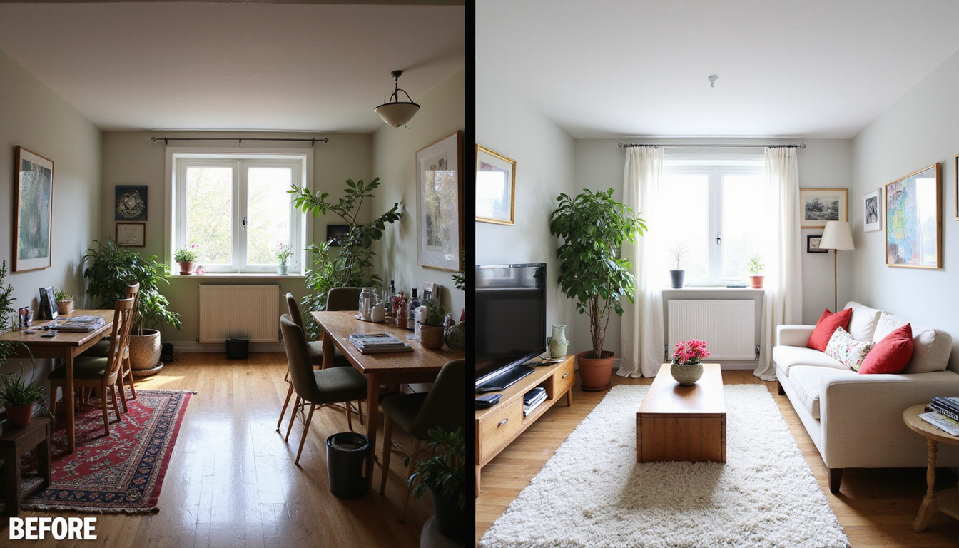  Before and after scenes of cluttered room transformed into tidy, spacious living area with natural light