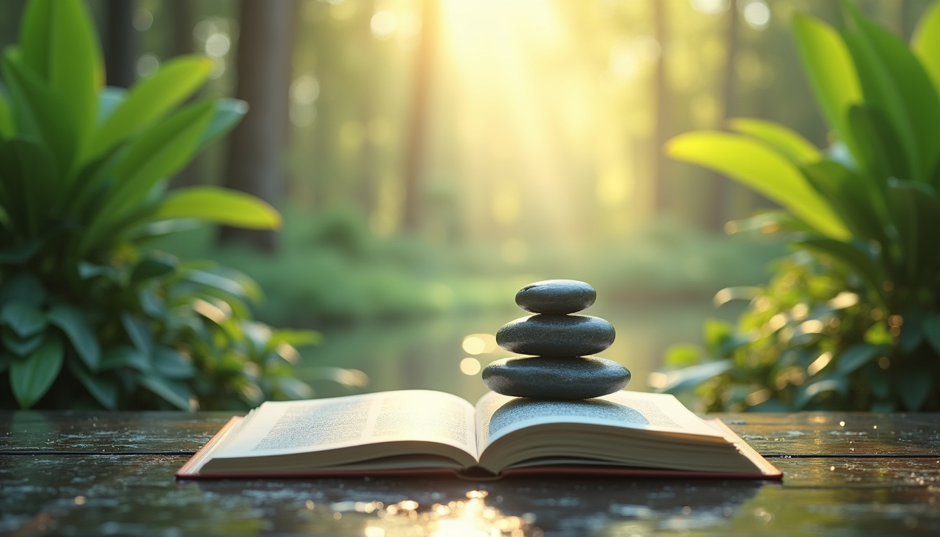 tranquil zen garden, soft light, open book of personal growth techniques, calm and harmony