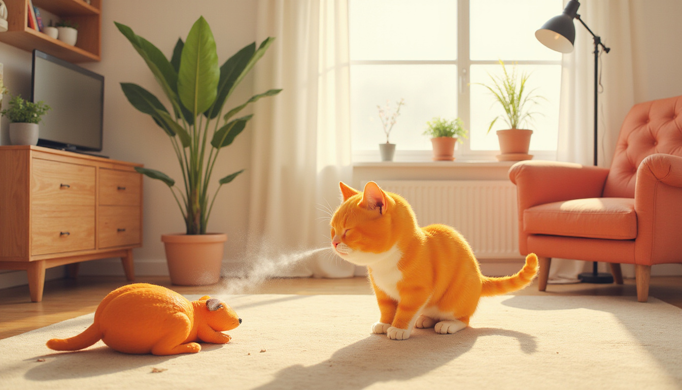 Curious cat spraying territory indoors, cozy living room background, soft lighting 