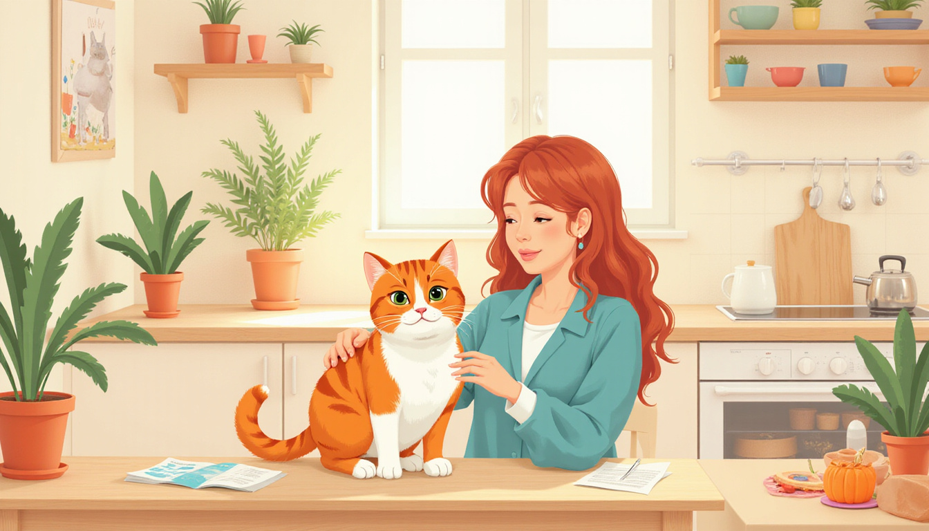  Calm cat owner gently redirecting pet, bright kitchen setting, harmonious atmosphere