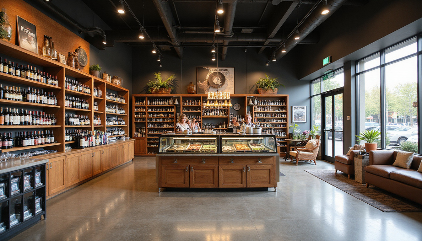 Elegant liquor store with clear responsible drinking signage, organized shelves, and happy shoppers