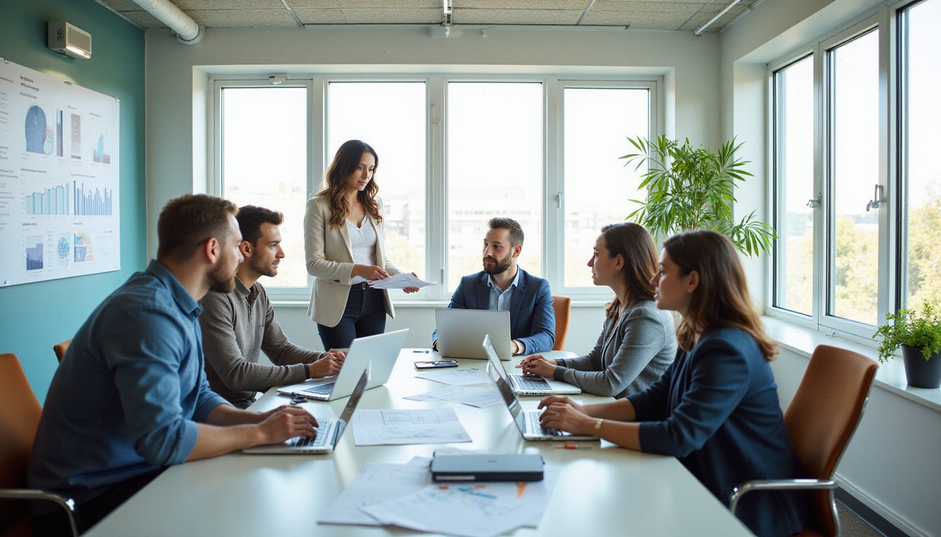 Diverse team strategizing government contract modifications, charts and laptops, bright collaborative environment