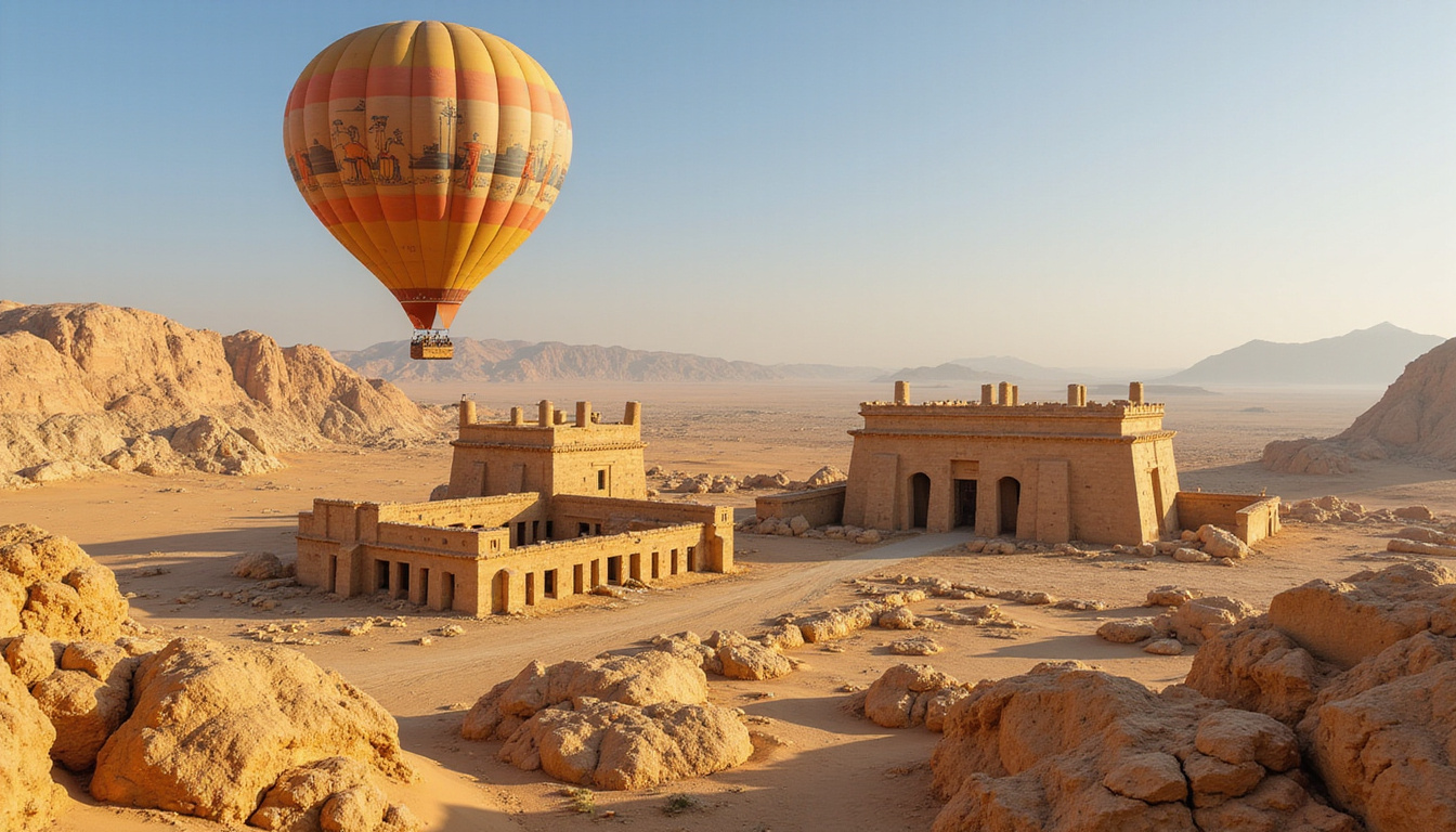  Majestic ancient Egyptian temples viewed from a vibrant hot air balloon above desert landscapes