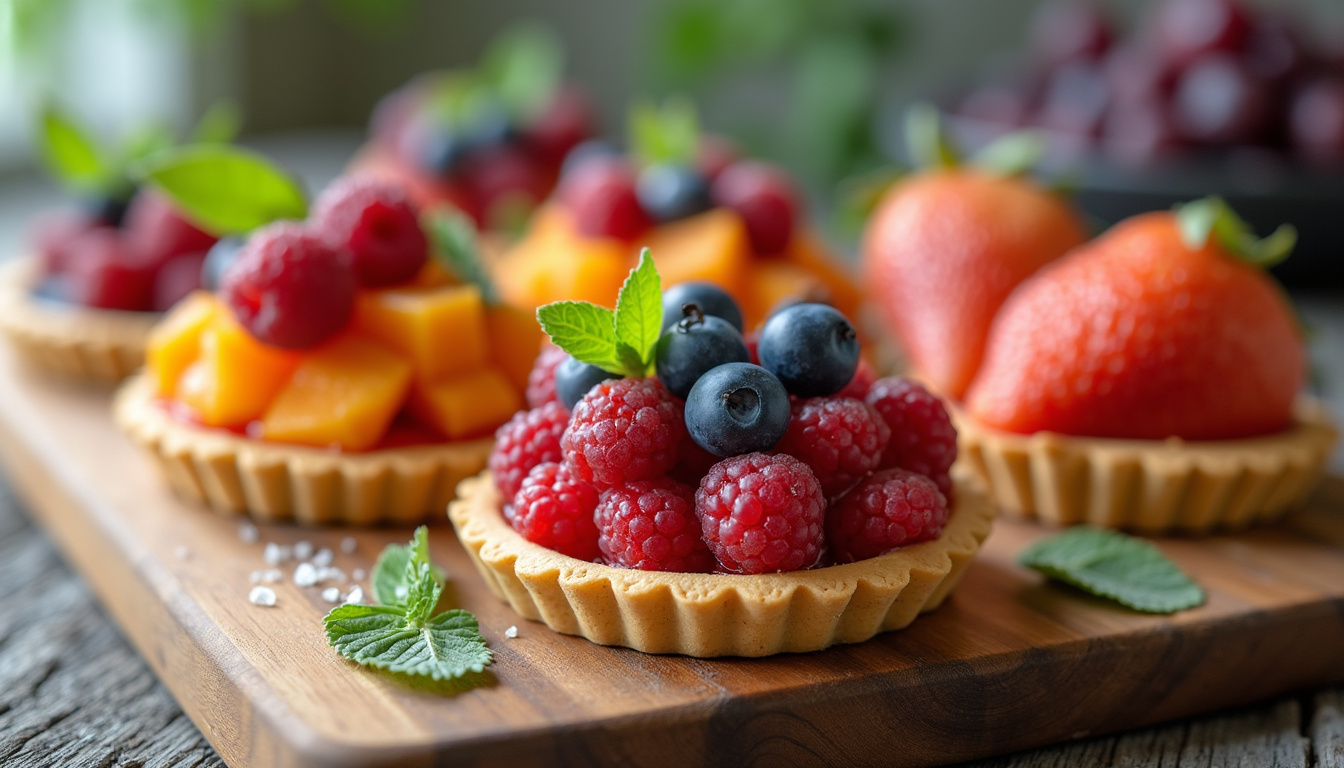  Colorful assortment of keto-friendly fruit tarts on rustic wooden board, natural lighting