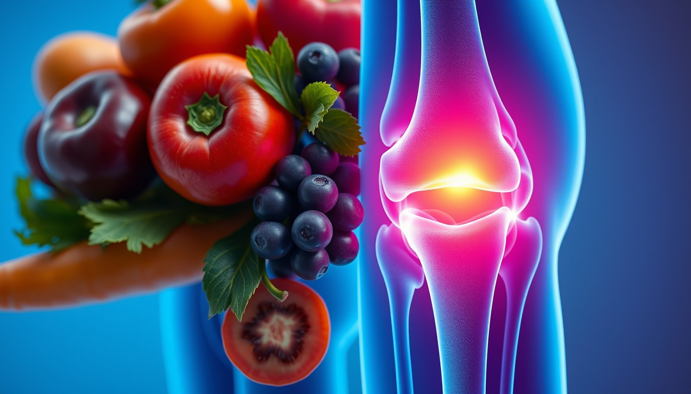  close-up of antioxidants-rich fruits and vegetables, human joints with glowing protection, smooth flexible motion background