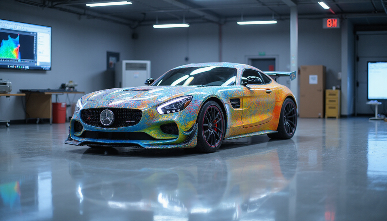  High-tech automotive design lab showcasing CFD software analyzing sleek aerodynamic vehicle model