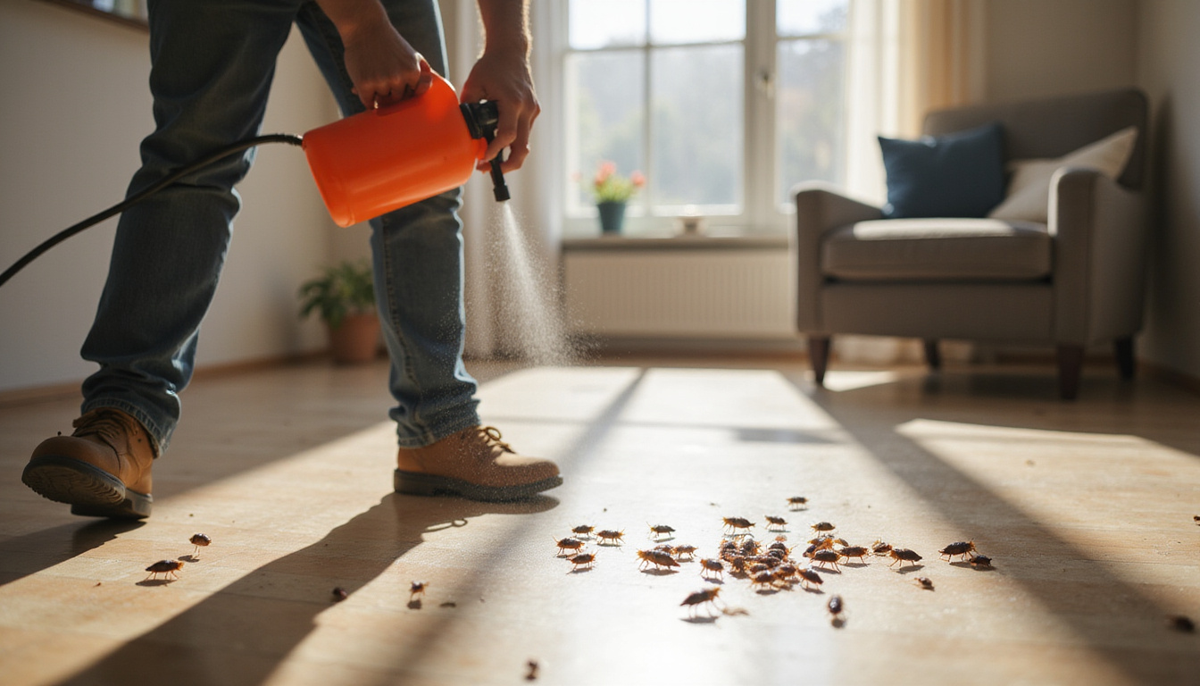  Professional exterminator spraying pest control chemicals around roaches in home interior
