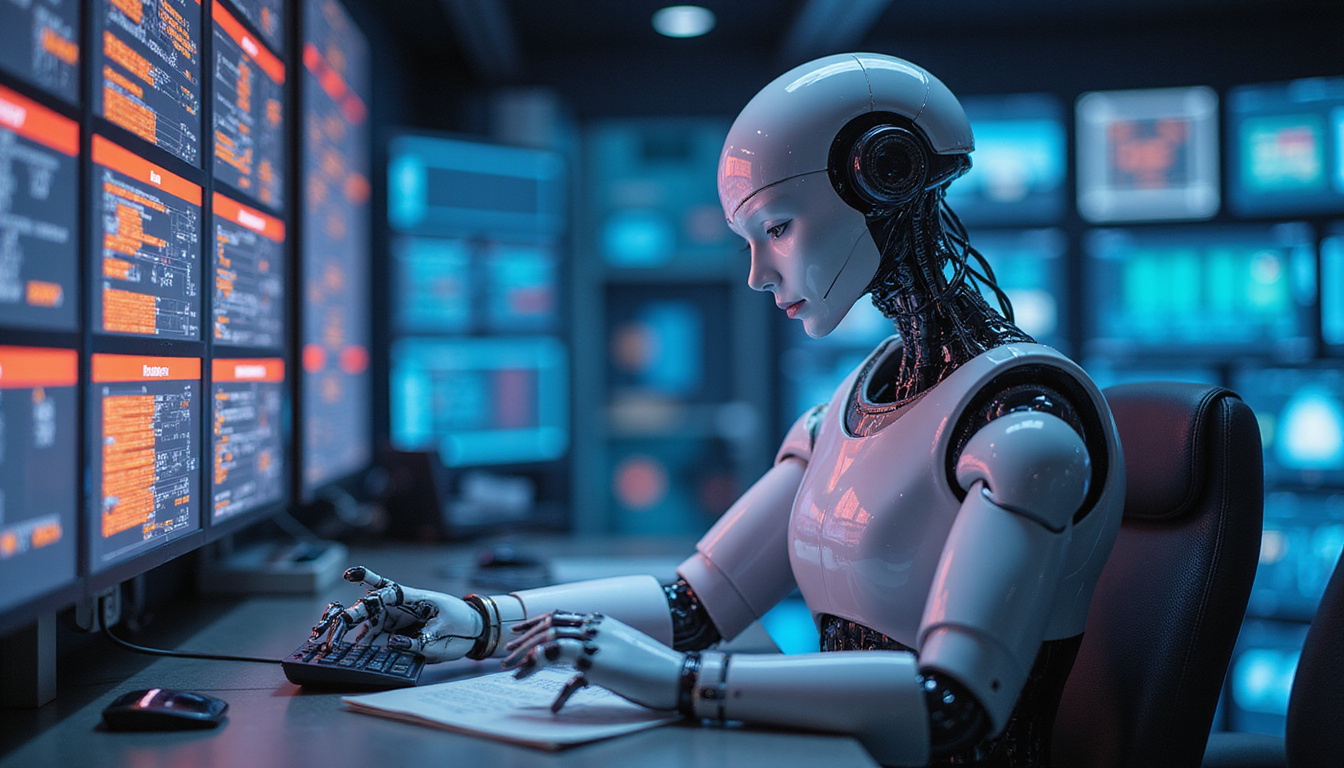 sleek robot pondering complex data streams in a high-tech control room