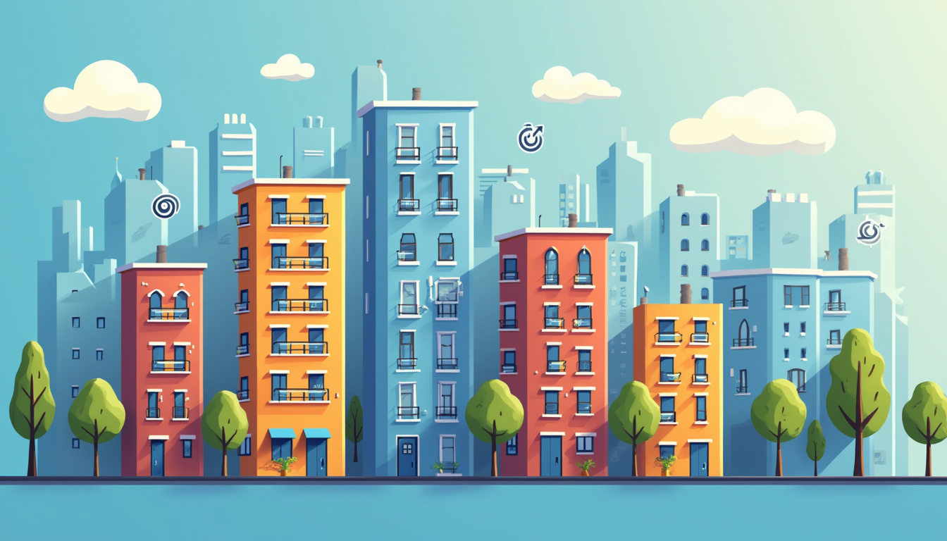  Modern urban apartment buildings with highlighted tenant rights symbols, SEO graphs floating in background