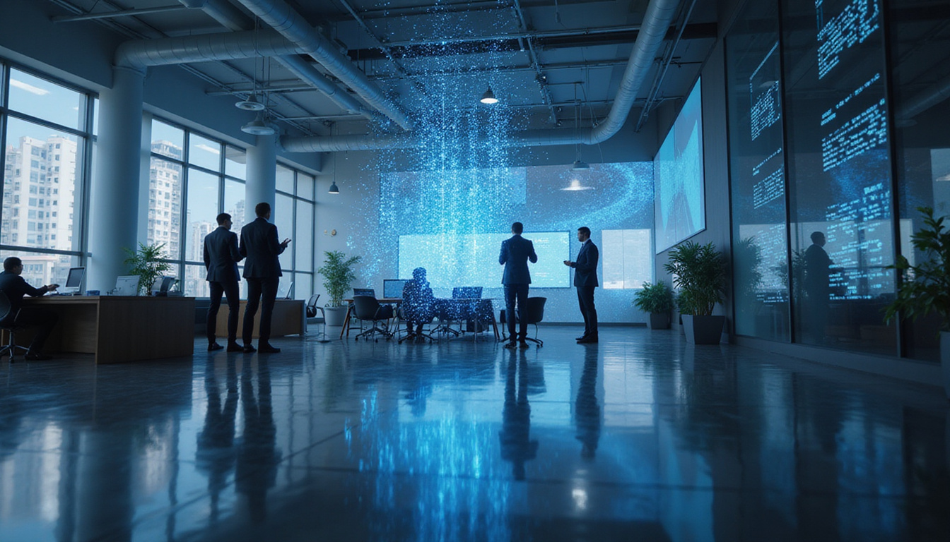  Digital art of business executives analyzing holographic blockchain data streams in a high-tech office