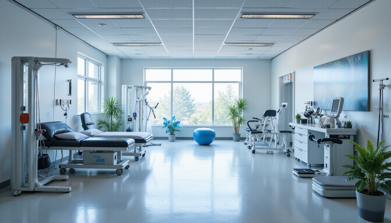  High-tech physical therapy clinic with diverse rehabilitation equipment and dynamic patient exercises