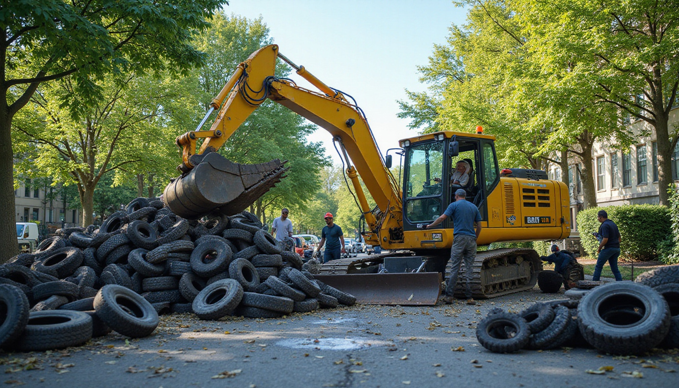 workers using heavy machinery to remove scrap tires from urban area, vibrant greenery surrounding