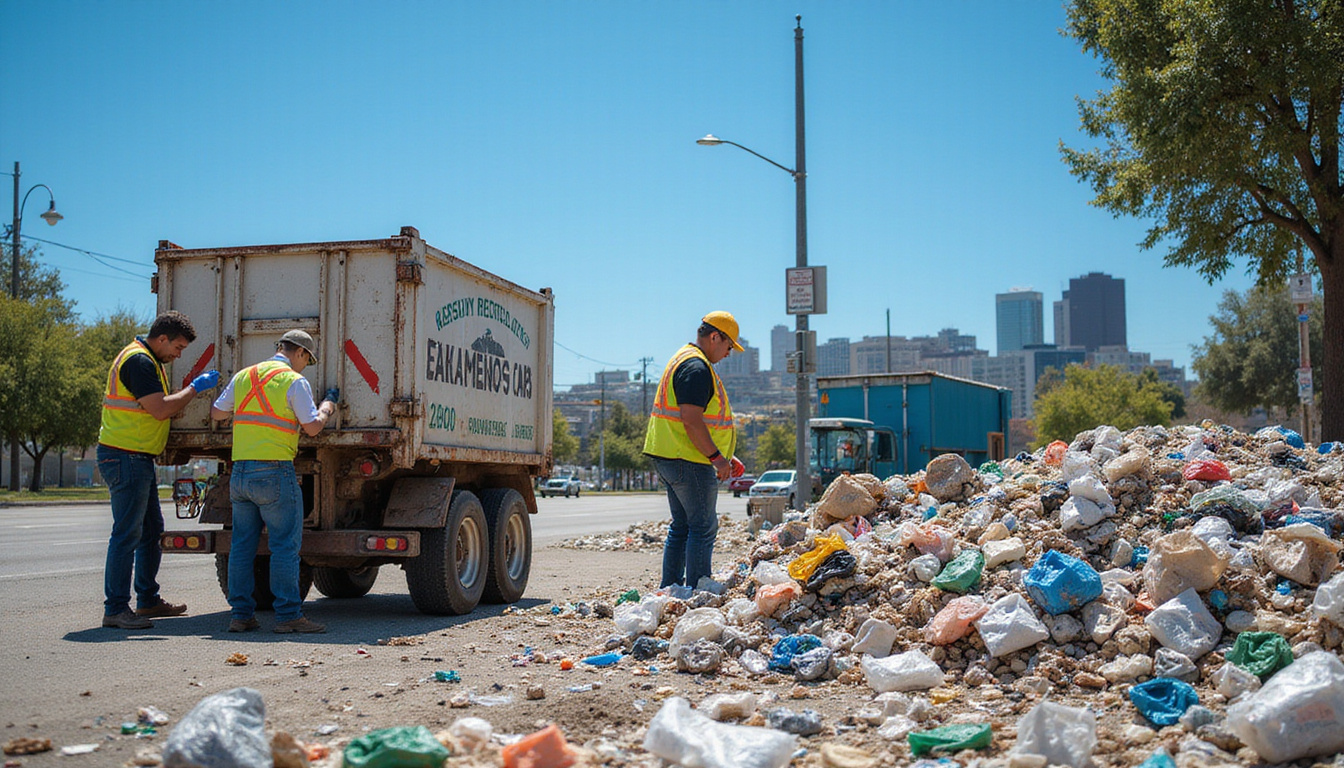  Workers sorting and recycling waste, vibrant San Diego urban park background, clear blue sky