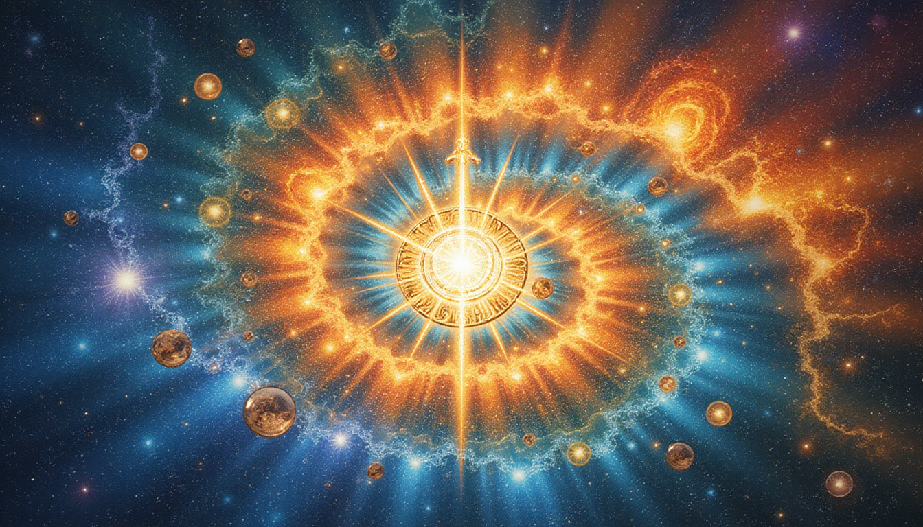  ancient symbols and nature elements merging into a vibrant spiral of energy and healing light