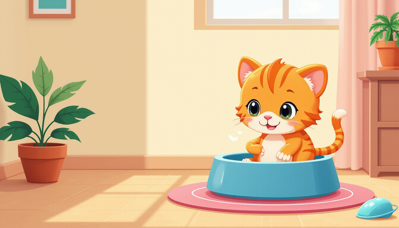 cute kitten learning litter box, cozy home setting, gentle guidance 