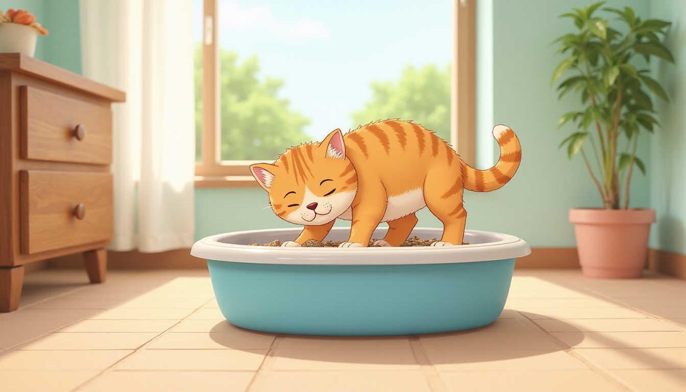  playful kitten exploring clean litter box, bright room with sunlight streaming in