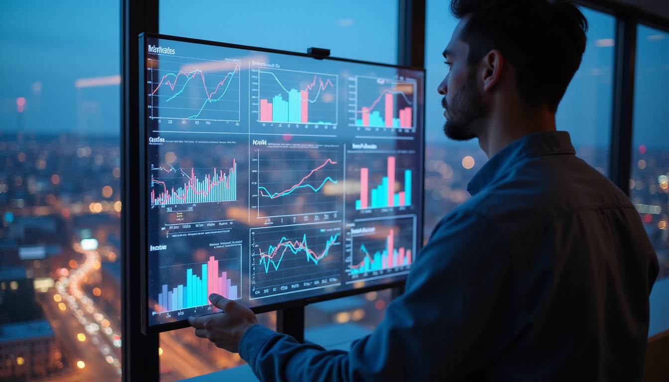  marketer analyzing multi-channel data on transparent screen, dynamic graphs, neon glow, city backdrop at dusk