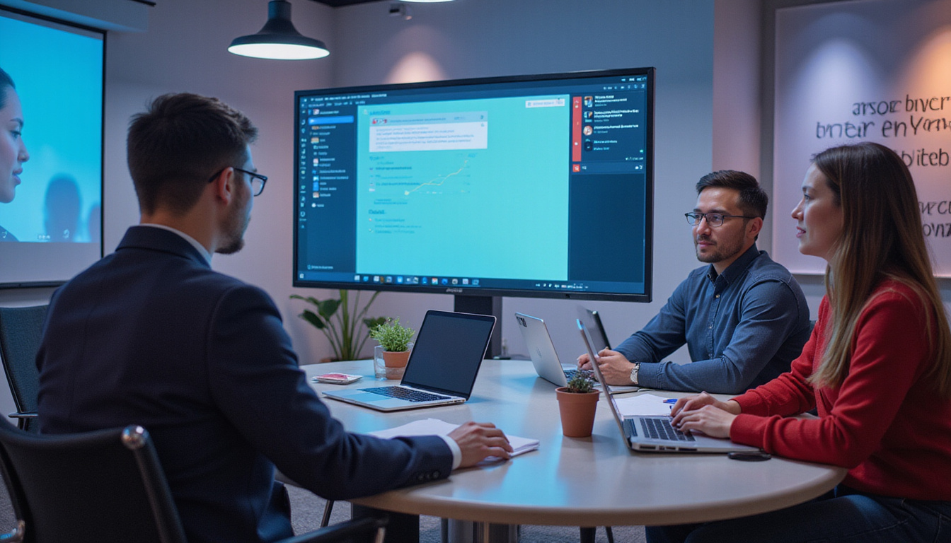 Business team learning server management, interactive virtual workshop, modern office environment