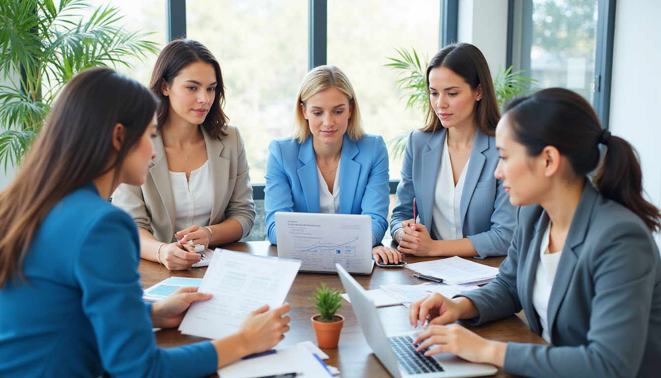 Diverse team analyzing financial reports on laptop, ensuring compliance with government auditing standards