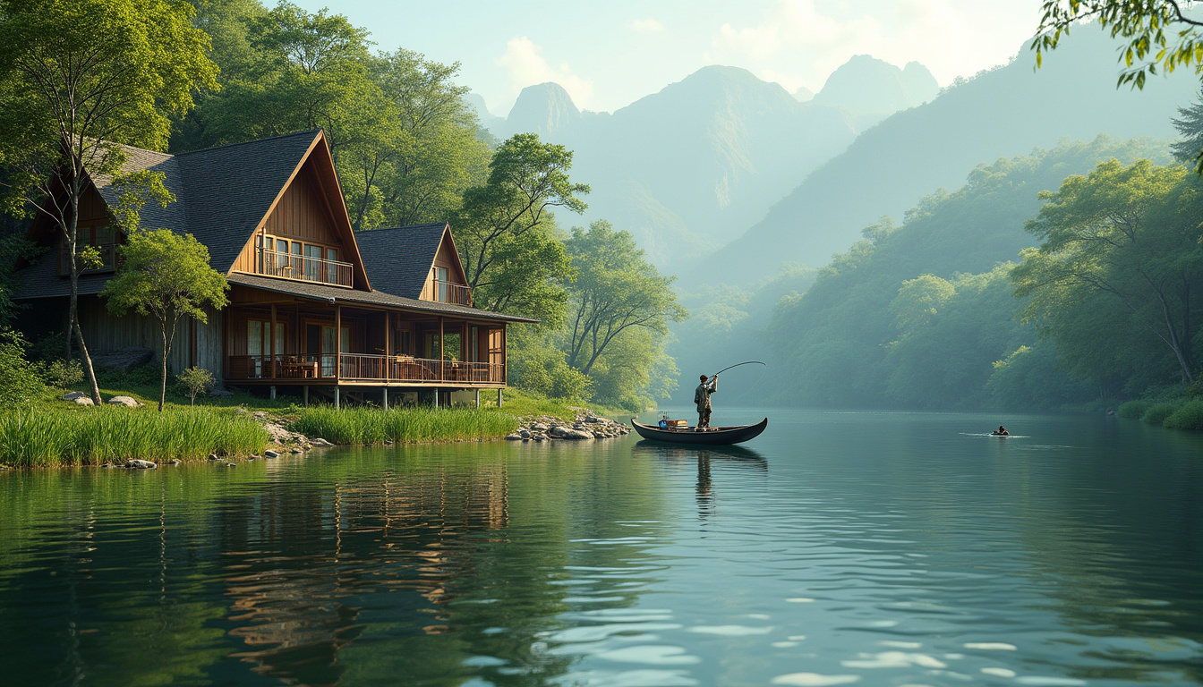  Luxurious riverside fishing lodge, angler casting line into calm Nile, lush green surroundings