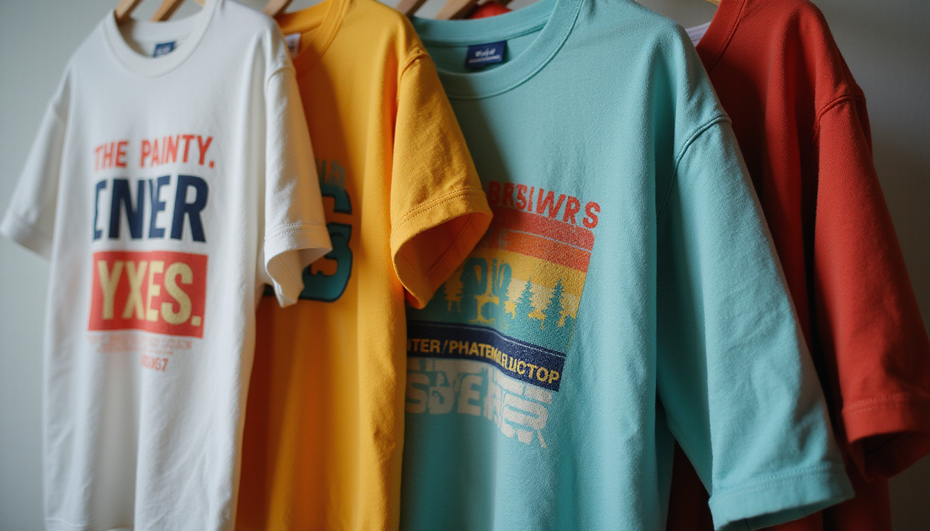  Diverse stylish natural fiber t-shirts hanging, close-up woven fabric patterns, bright daylight