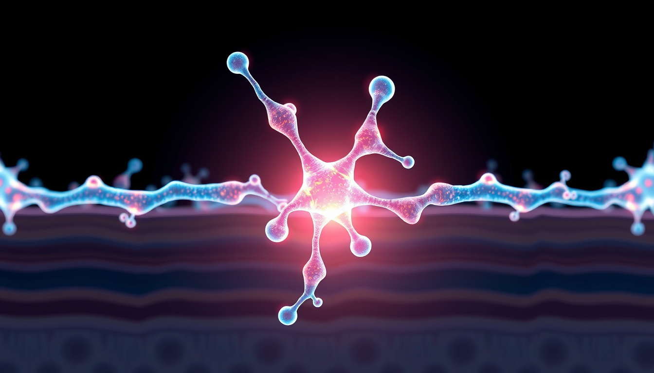 Scientific illustration of collagen molecular structure glowing with human skin layers background