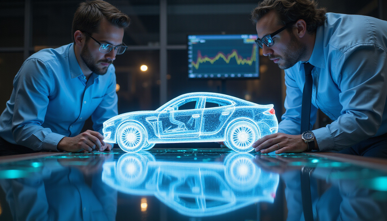 Engineers analyzing vehicle telemetry data with 3D car model holograms