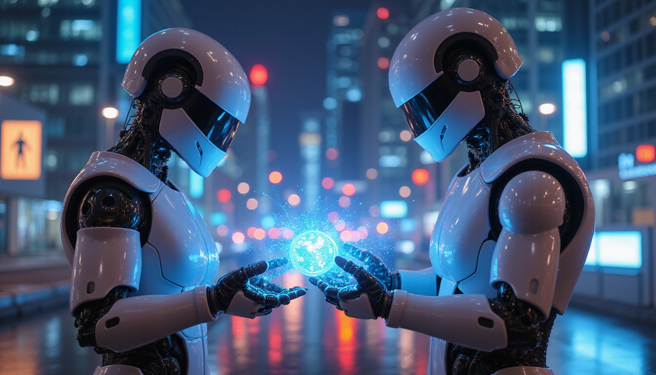 robotic business agents analyzing global market trends on holographic displays, neon cityscape background