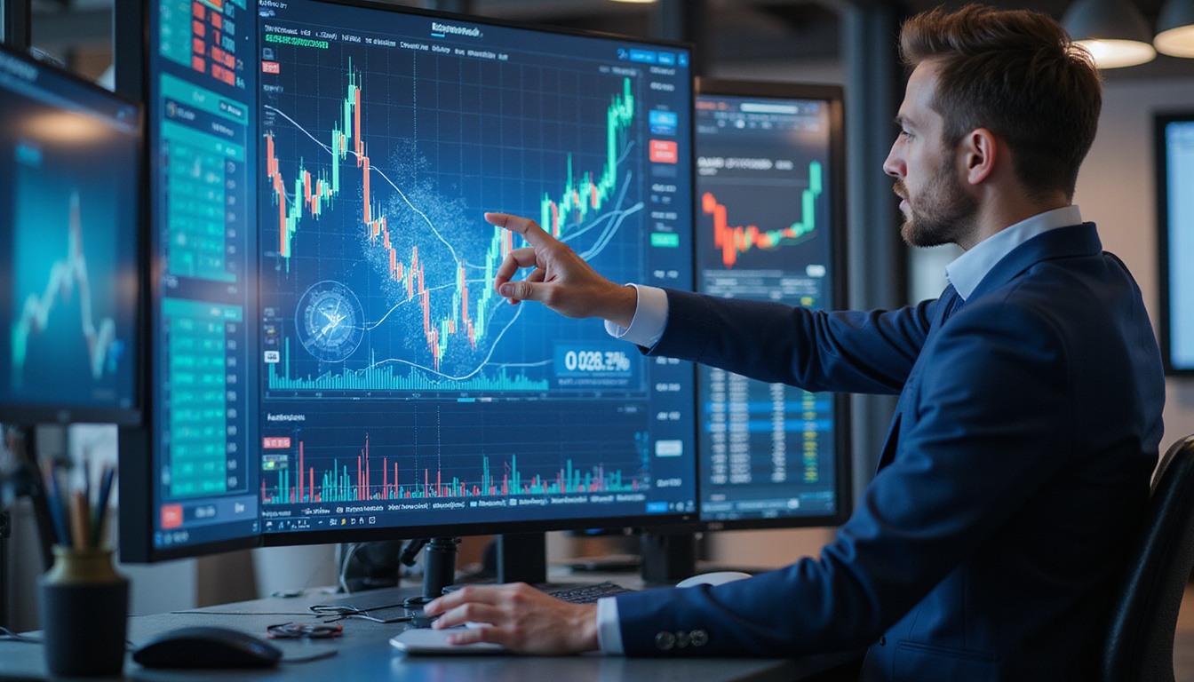  Professional investor analyzing crypto charts on multiple holographic screens in modern office